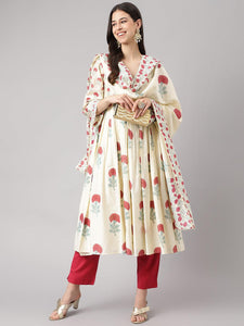 Divena Cream Chanderi Floral Anarkali Kurta Pant Set with Dupatta - divena world