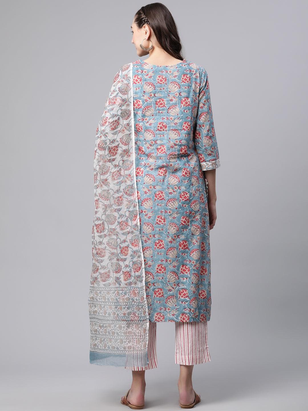 Divena Turquoise Blue Hand Block Printed Kurta Pant Set with Dupatta - divena world