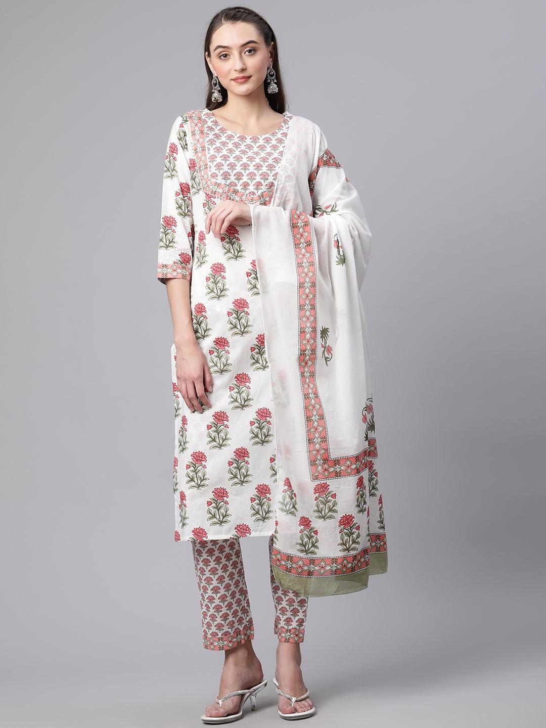White Floral Kurta pant set with Mulmul Dupatta — view 1