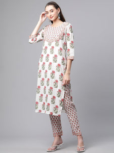 Divena White Floral Kurta pant set with Mulmul Dupatta - divenaworld.com