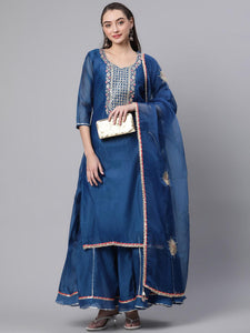 Divena Blue Solid Chenderi Kurta Skirt Set with Dupatta - divenaworld.com