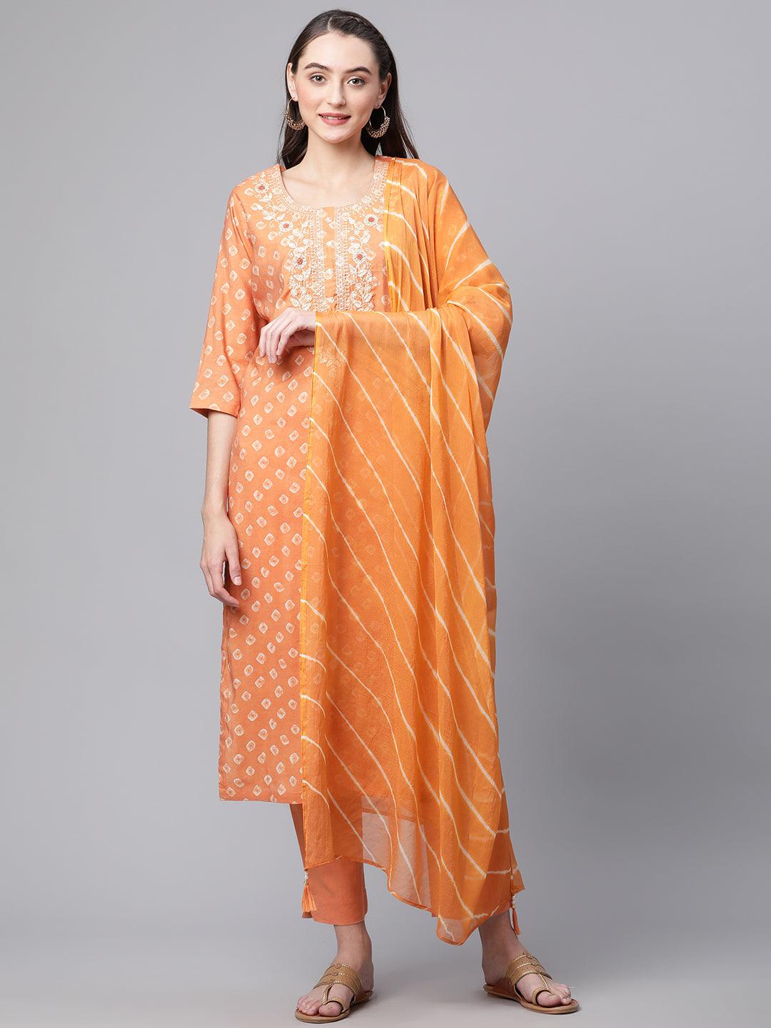 Orange Chanderi Kurta Cotton pant set With Chiffon leheriya Dupatta — view 1
