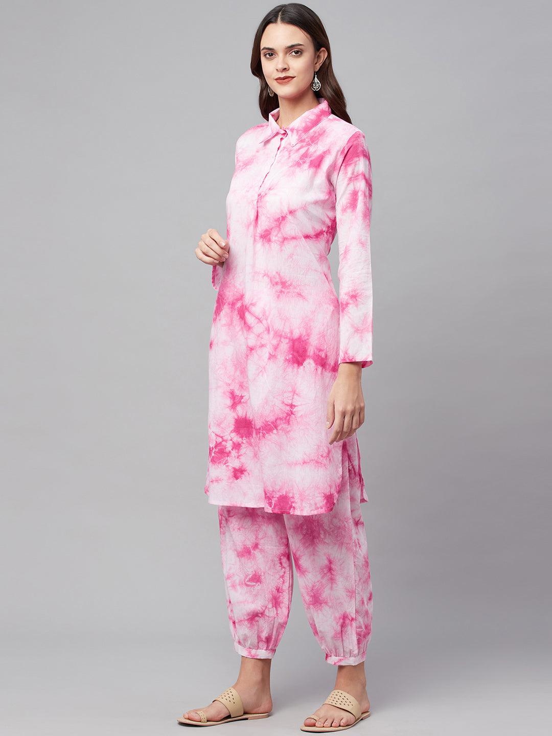 Divena Pink Cotton Shirt Style Kurta Hem Cuffed Pant Set - divena world