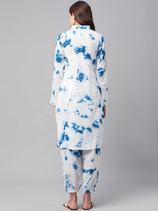 Divena Blue Cotton Shirt Style Kurta Hem Cuffed Pant Set - divena world