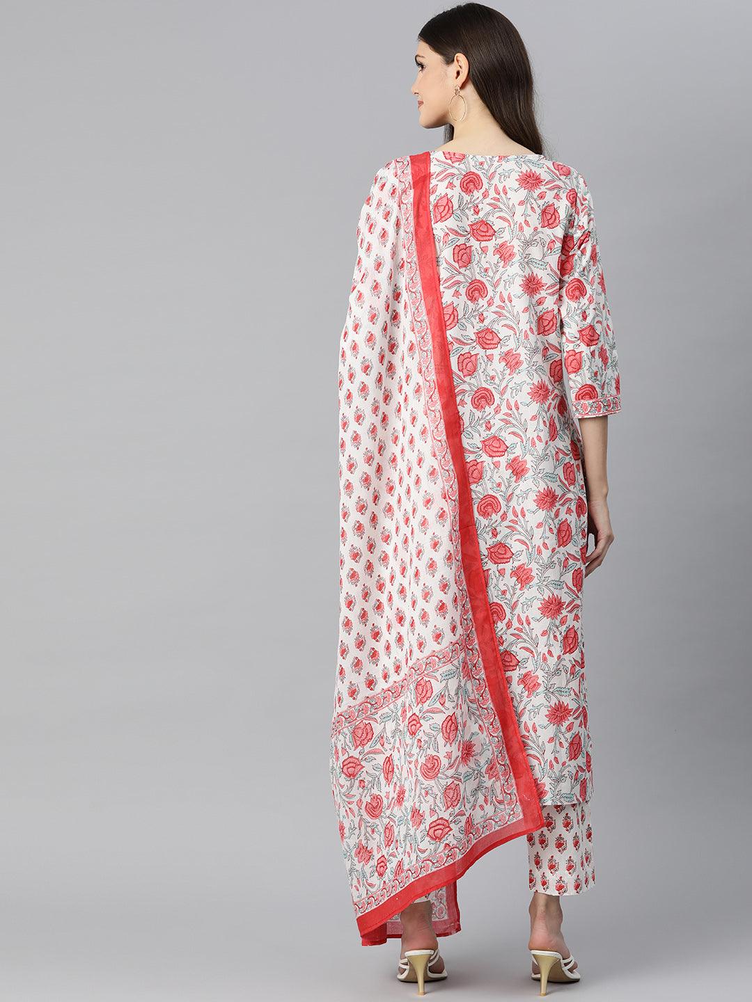 Divena White Floral Printed Kurta Pant Set with Dupatta - divena world