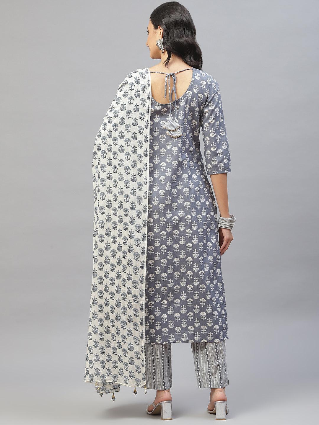 Divena Grey and White Floral Printed Kurta Pant Set with Dupatta - divena world