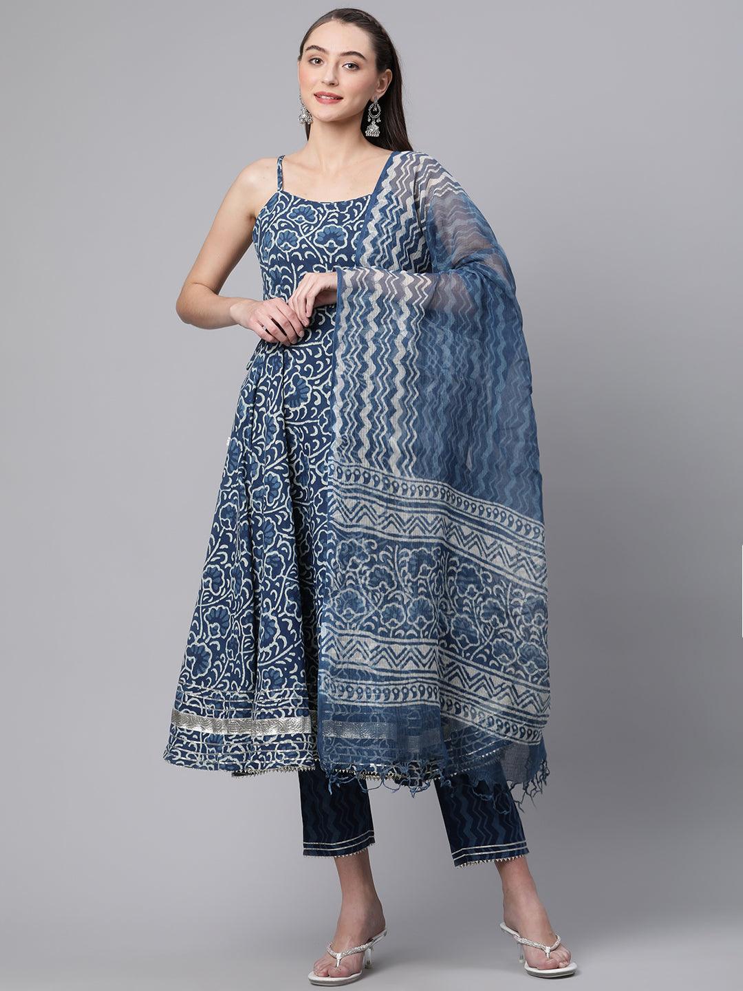 Indigo Hand Block Printed Anarkali Kurta Pant Set with Dupatta — view 1