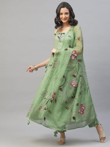 Divena Light Green Hand Painted Floral Anarkali Kurta Pant Set with Dupatta - divena world
