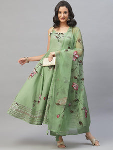 Divena Light Green Hand Painted Floral Anarkali Kurta Pant Set with Dupatta - divena world