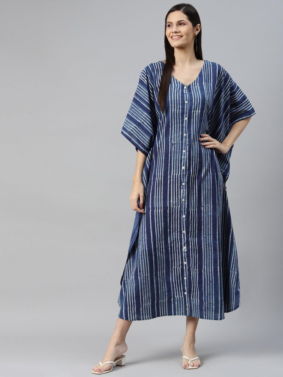 Divena Blue Hand Block Printed Striped Kaftan Dress - divena world