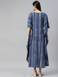 Divena Blue Hand Block Printed Striped Kaftan Dress - divena world