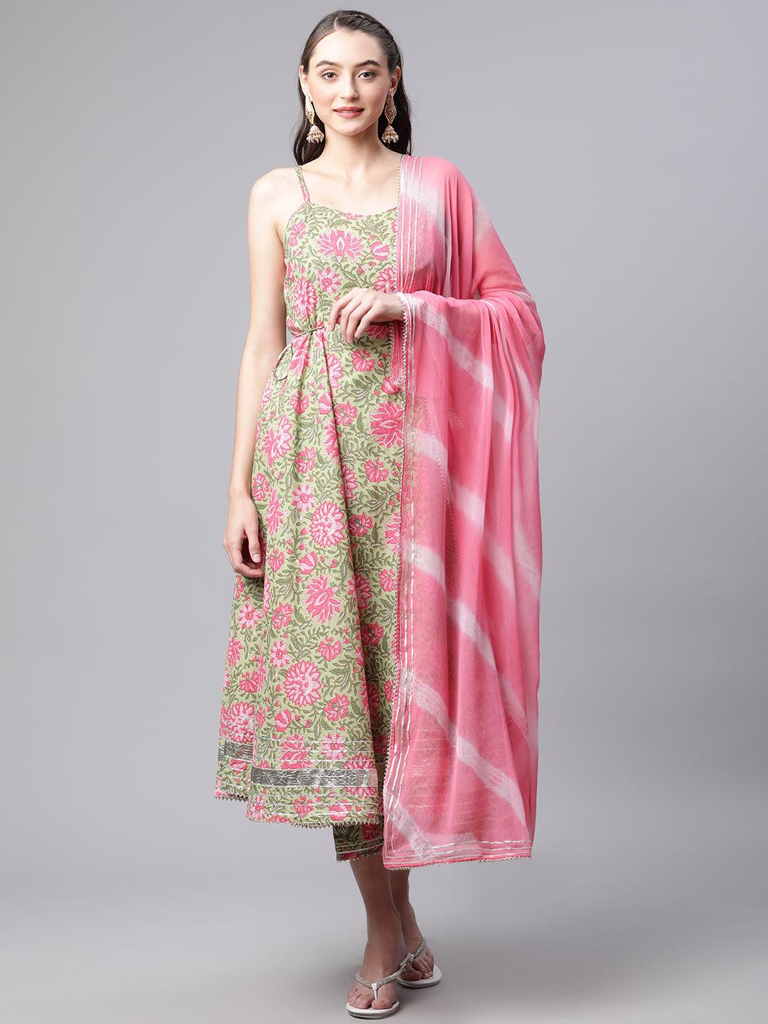 Green Floral Printed Anarkali Kurta Pant Set with Dupatta — view 1