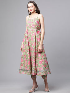 Divena Green Floral Printed Anarkali Kurta Pant Set with Dupatta - divenaworld.com