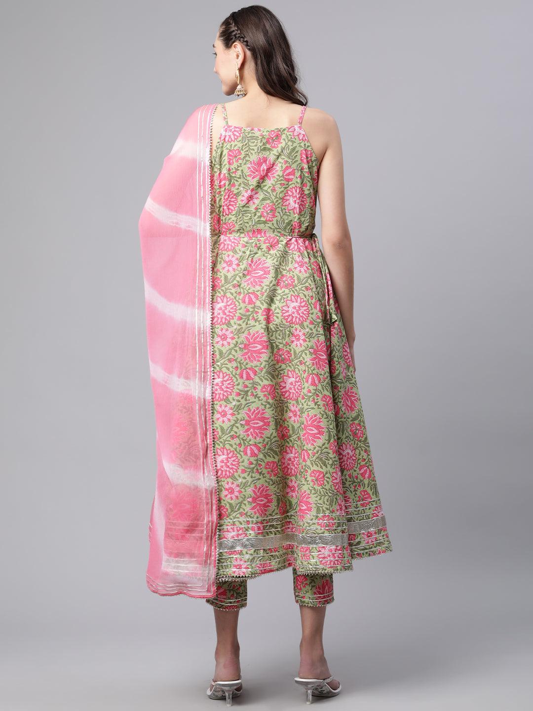 Divena Green Floral Printed Anarkali Kurta Pant Set with Dupatta - divenaworld.com