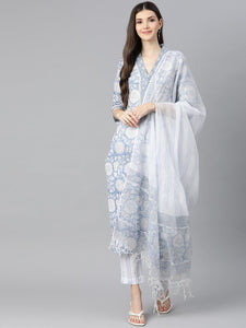 Divena Sky blue Hand Block Printed Straight kurta Pant Set with Dupatta - divena world