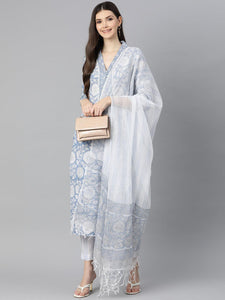Divena Sky blue Hand Block Printed Straight kurta Pant Set with Dupatta - divena world