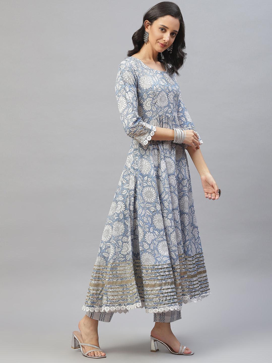 Divena Sky blue Hand Block Printed Anarkali kurta Pant Set with Dupatta - divena world