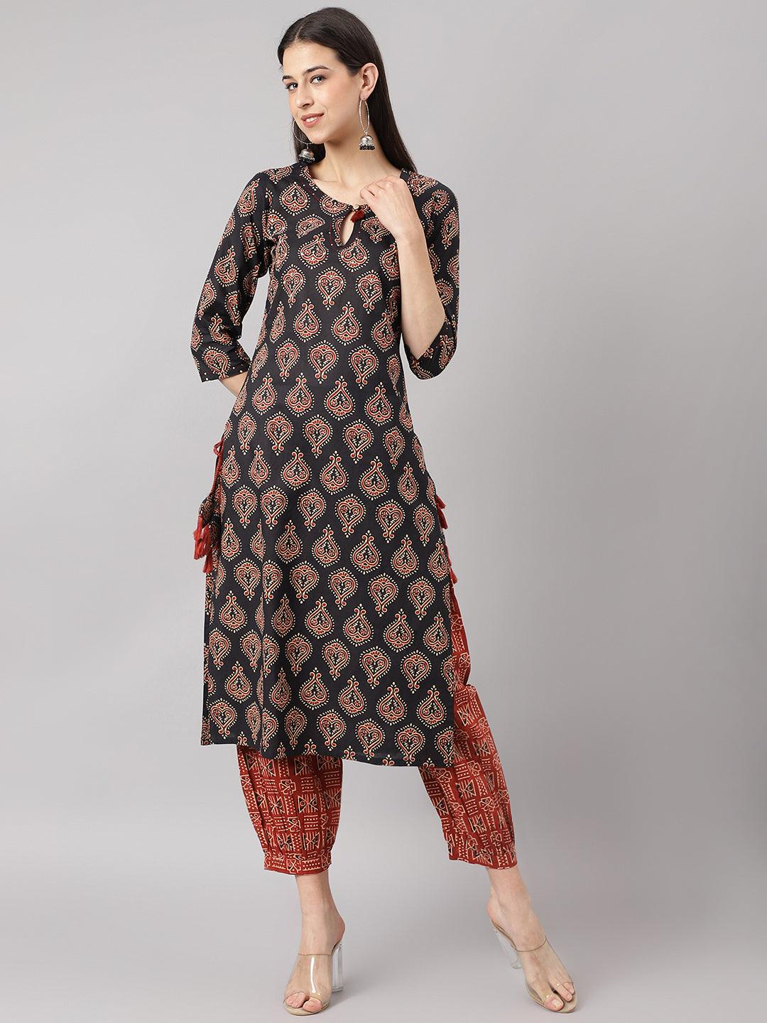 Black and Red Cotton Buti Printed Kurta with hem Cuffed pant set — view 1