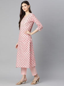 Divena Pink Cotton Straight Kurta Pant Set With Dupatta - divena world