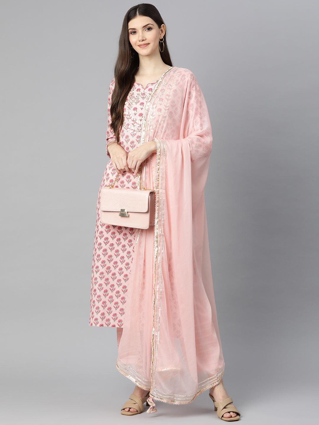 Pink Cotton Straight Kurta Pant Set With Dupatta — view 1