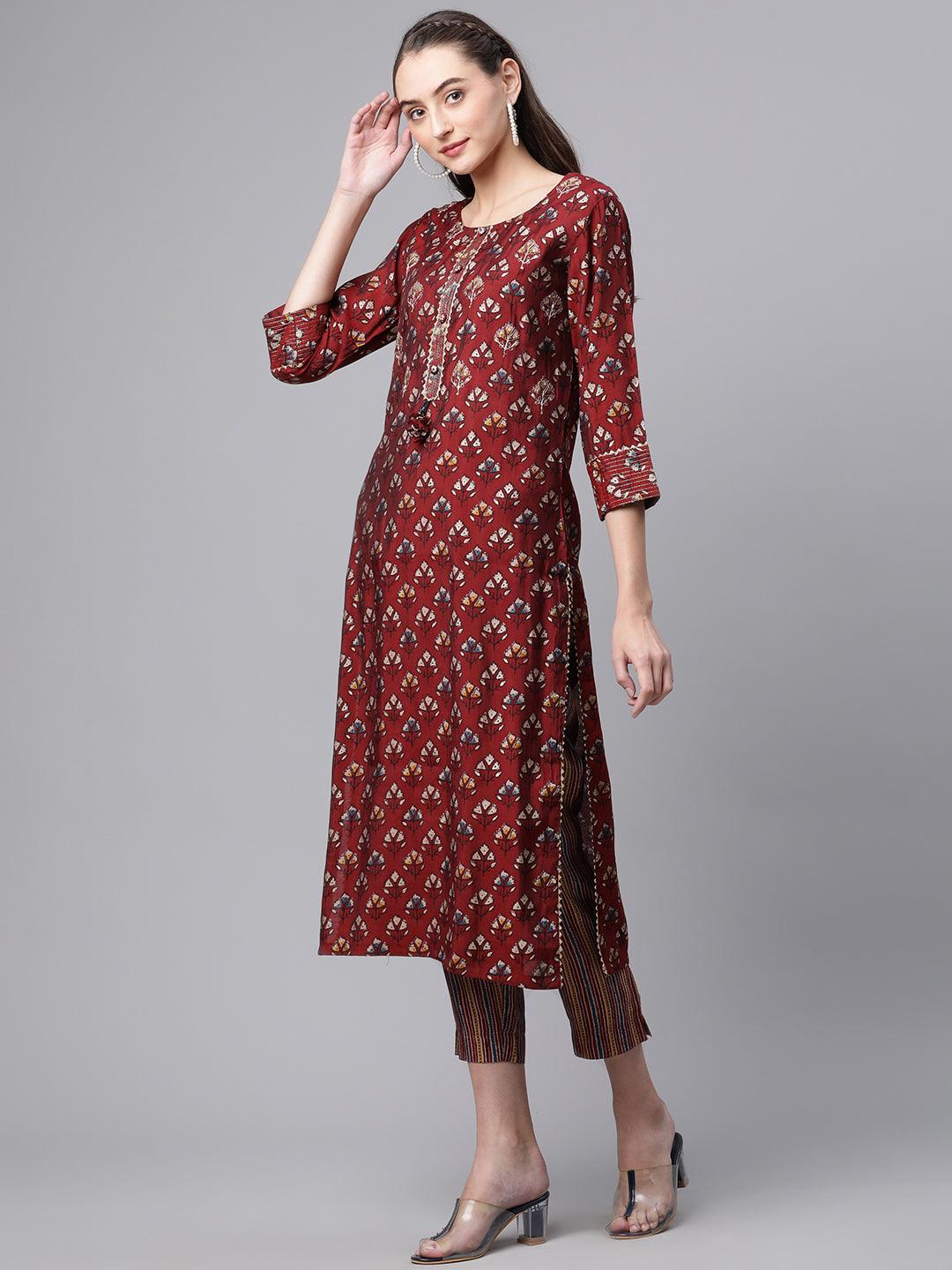 Divena Maroon Chanderi Kurta pant set - divenaworld.com