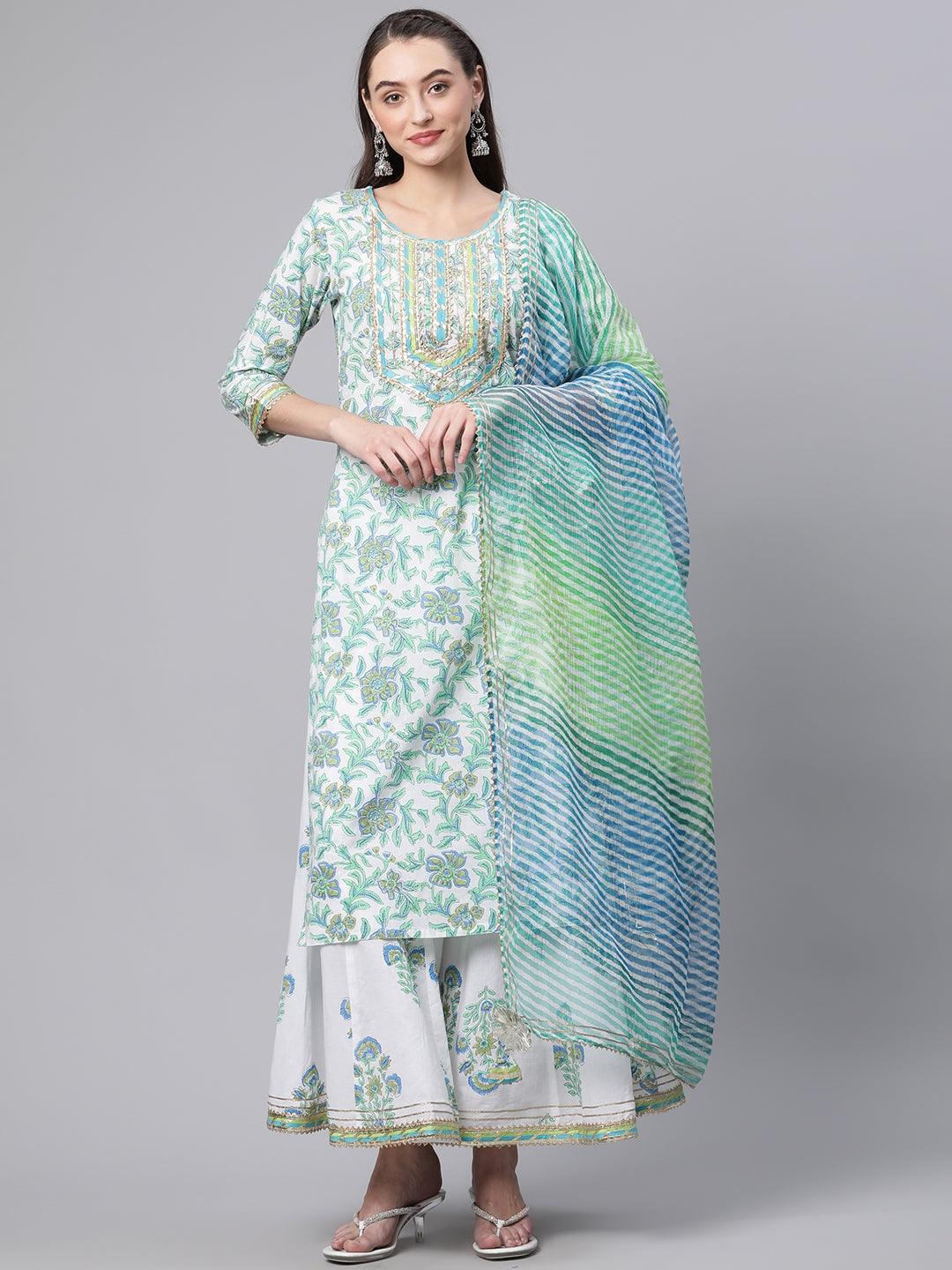 White Floral Printed Kurta Palazzo set with Dupatta — view 1