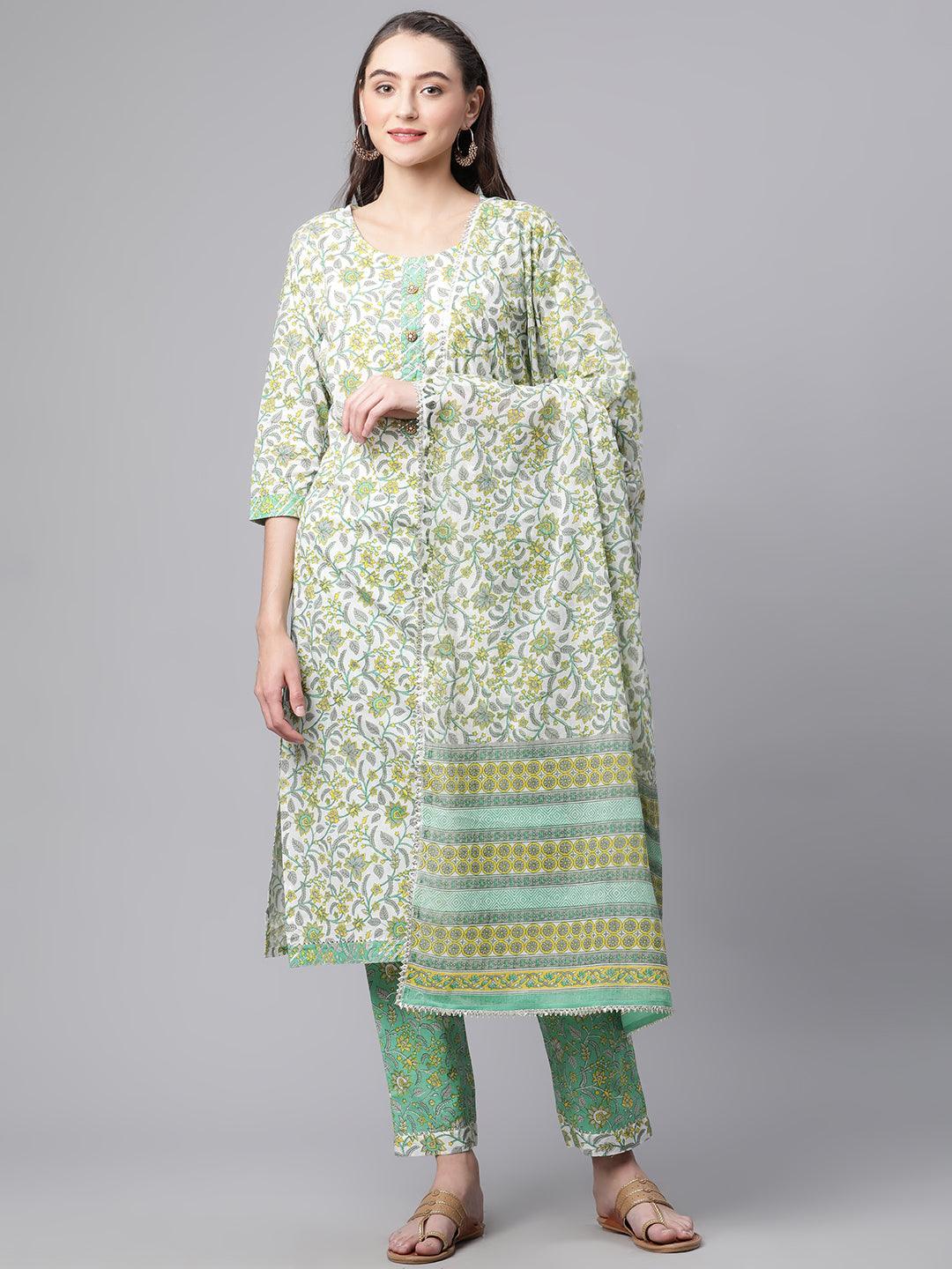 White Cotton Straight Kurta Pant set with Dupatta — view 1