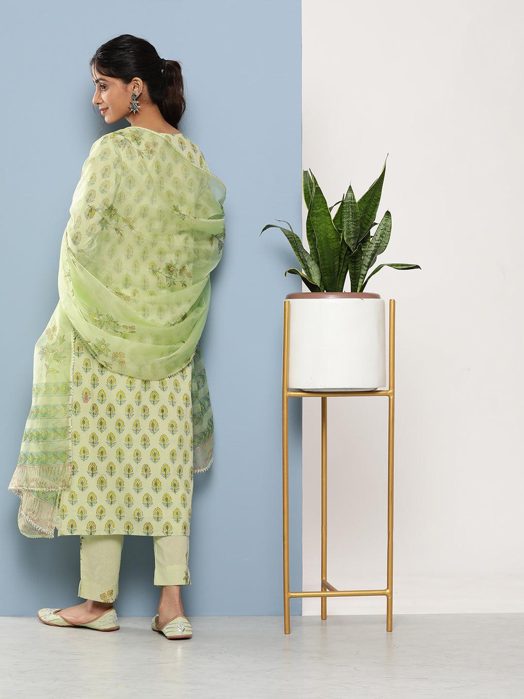 Divena Green Cotton Straight pant set with Organza Dupatta - divena world