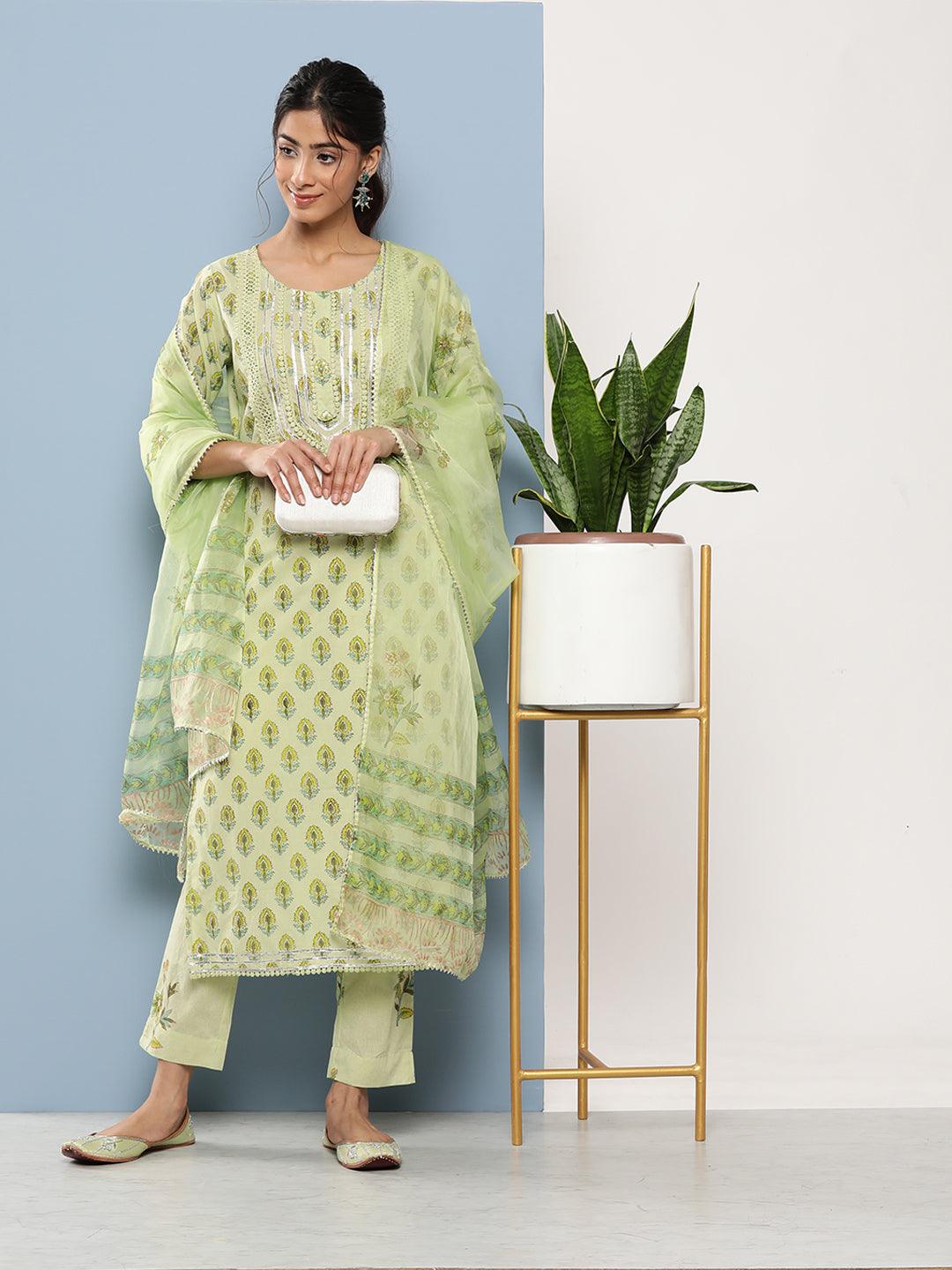 Divena Green Cotton Straight pant set with Organza Dupatta - divena world