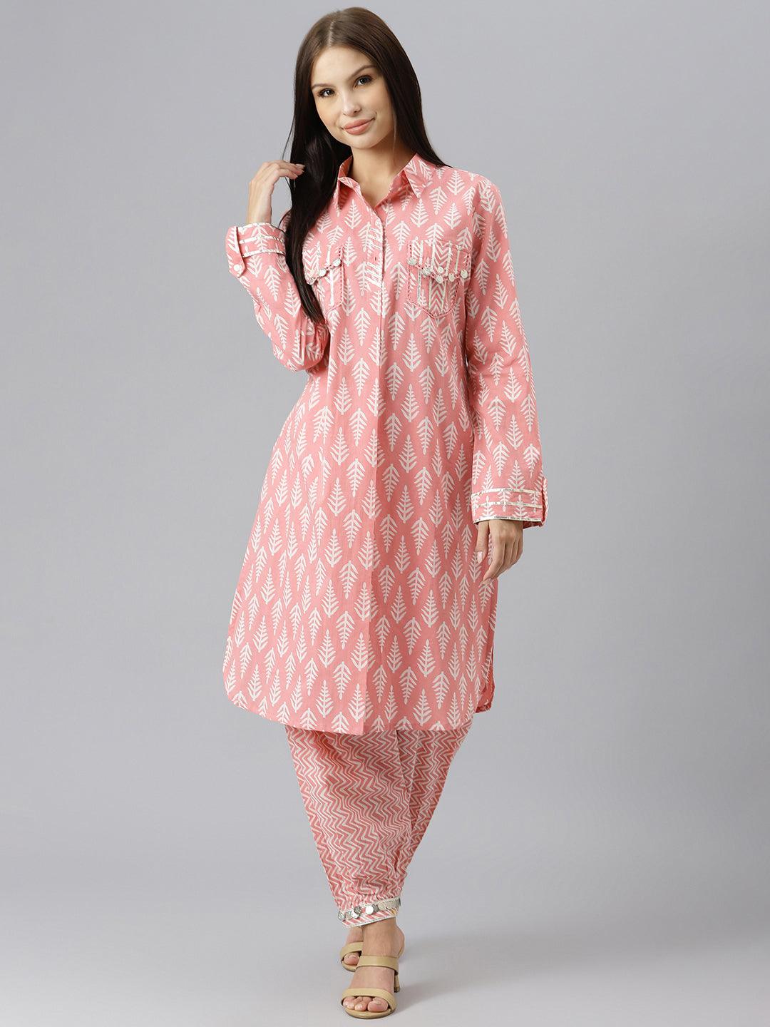 Pink Cotton Shirt Style Kurta Hem Cuffed Pant Co-ord Set — view 1