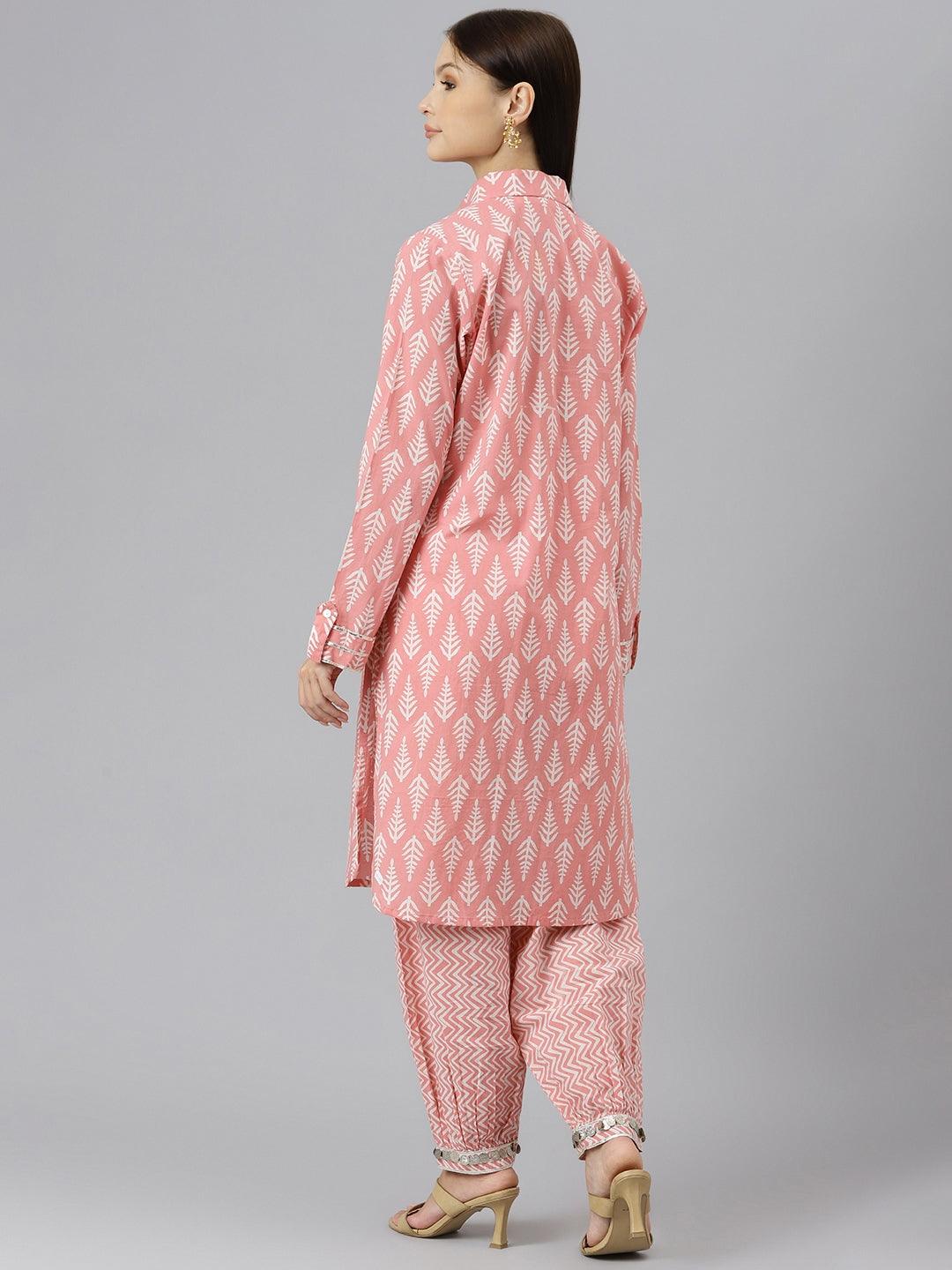 Divena Pink Cotton Shirt Style Kurta Hem Cuffed Pant Co-ord Set - divena world
