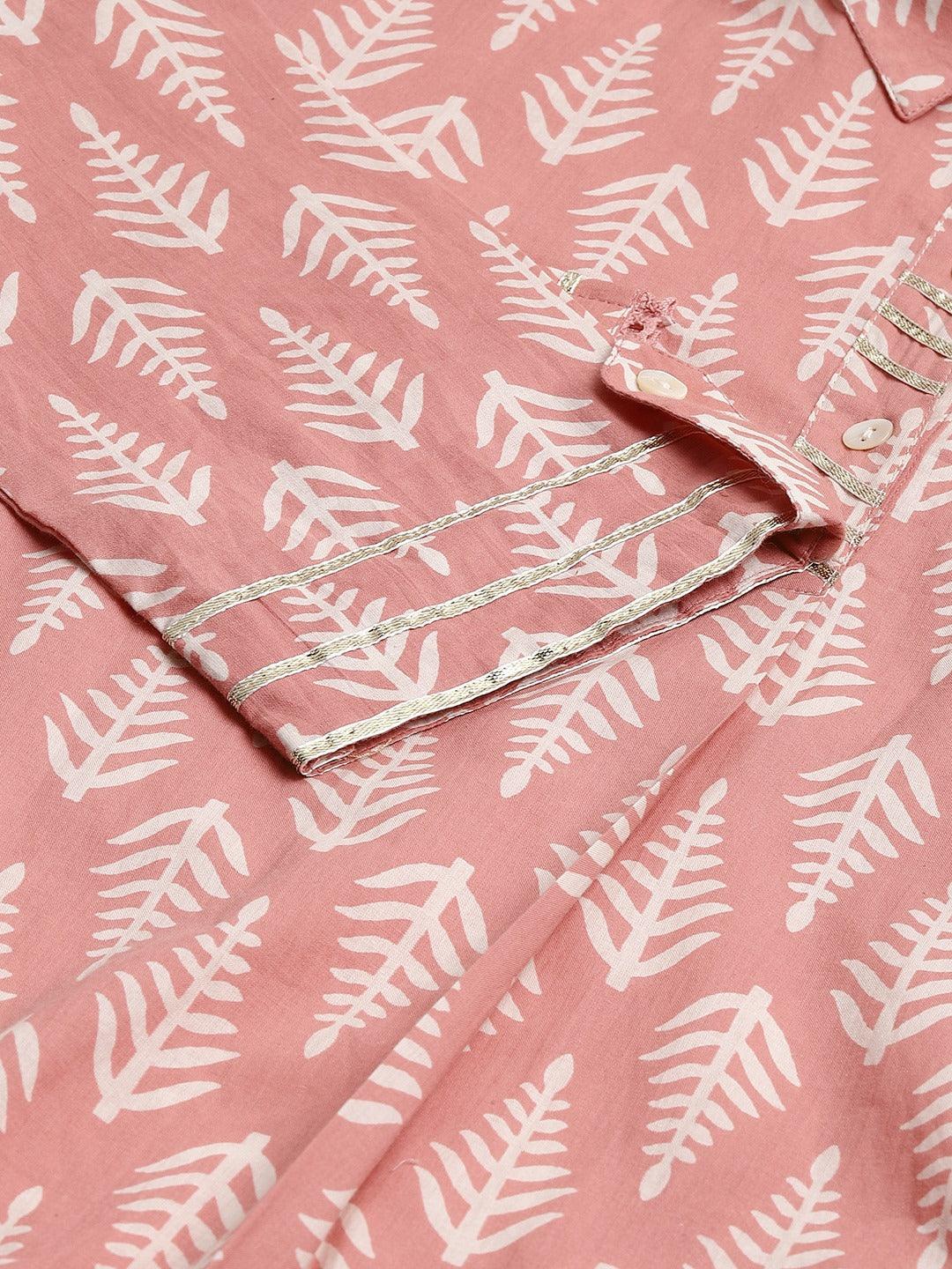 Divena Pink Cotton Shirt Style Kurta Hem Cuffed Pant Co-ord Set - divena world