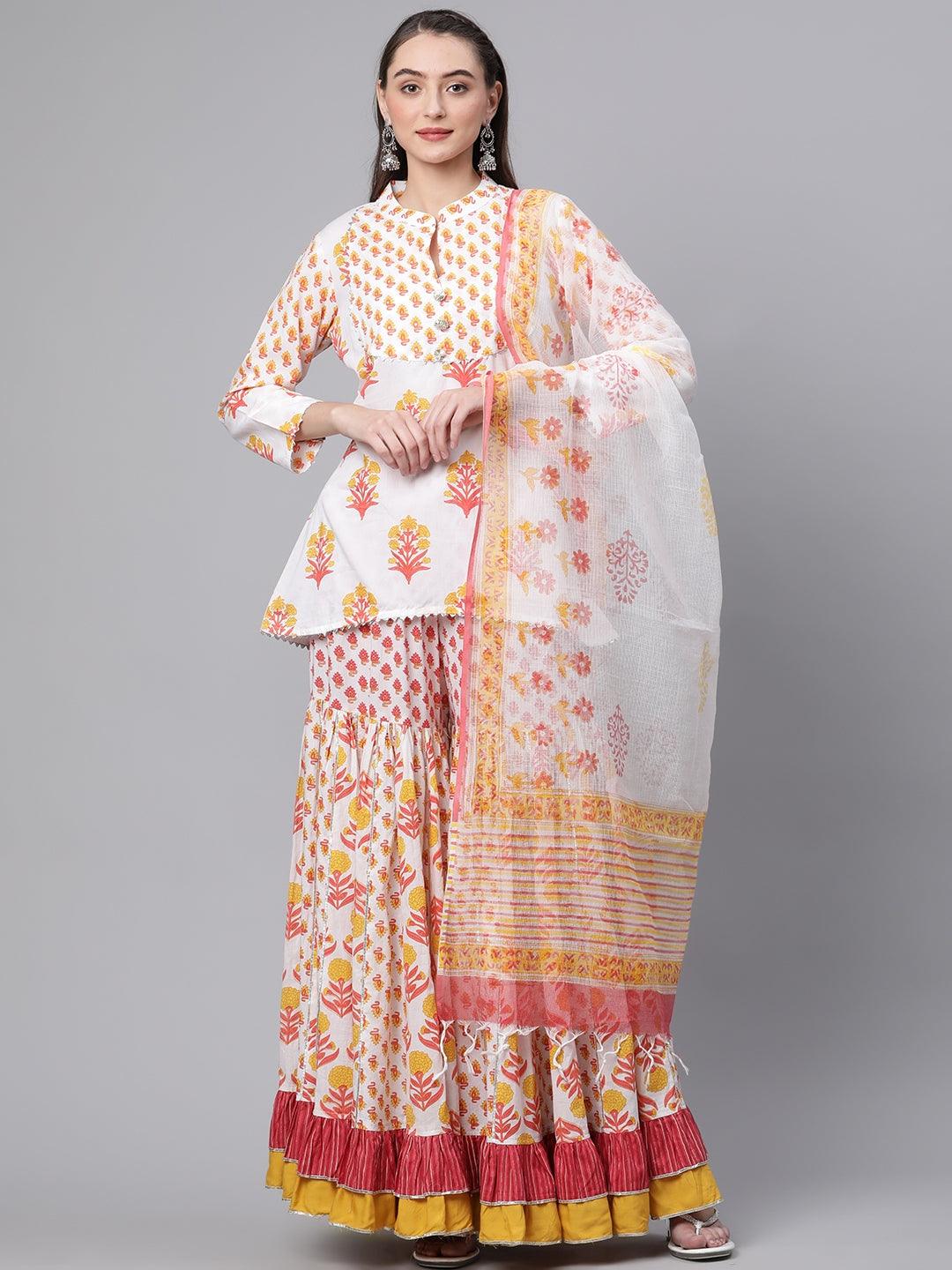 Yellow White Peplum Top Sharara Set with Dupatta — view 1