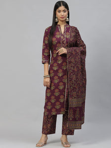 Divena Purple Cotton Straight Kurta Pant Set with Dupatta - divena world