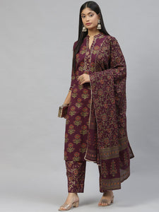 Divena Purple Cotton Straight Kurta Pant Set with Dupatta - divena world