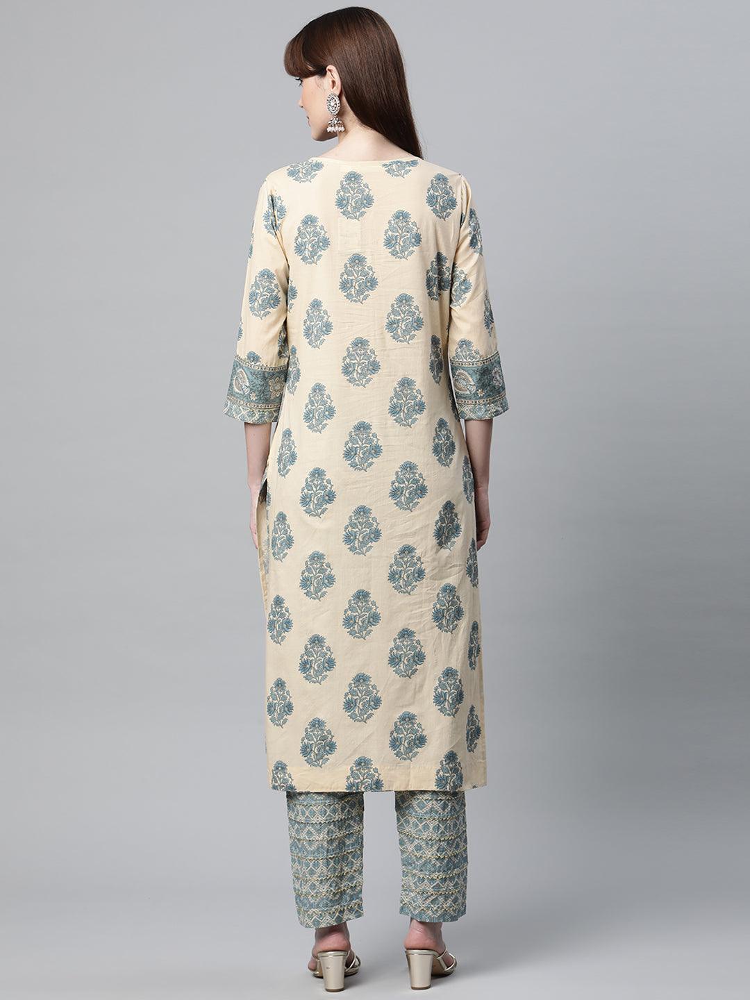 Divena Beige Cotton Straight Kurta Pant Set - divena world