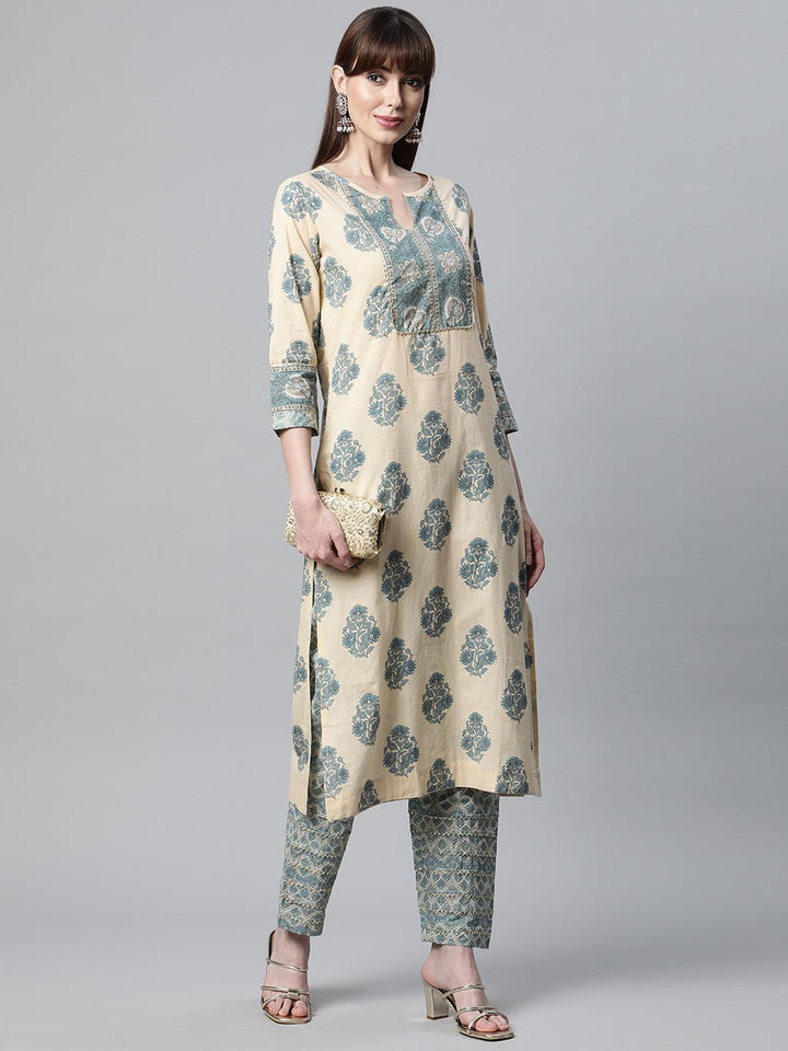 Divena Beige Cotton Straight Kurta Pant Set - divena world