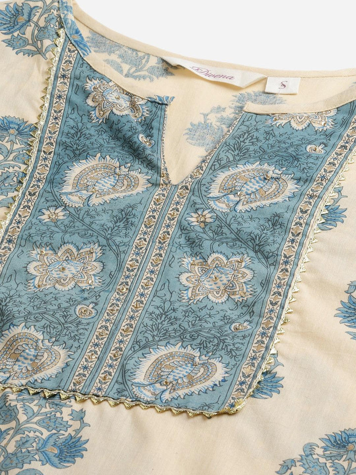 Divena Beige Cotton Straight Kurta Pant Set - divena world