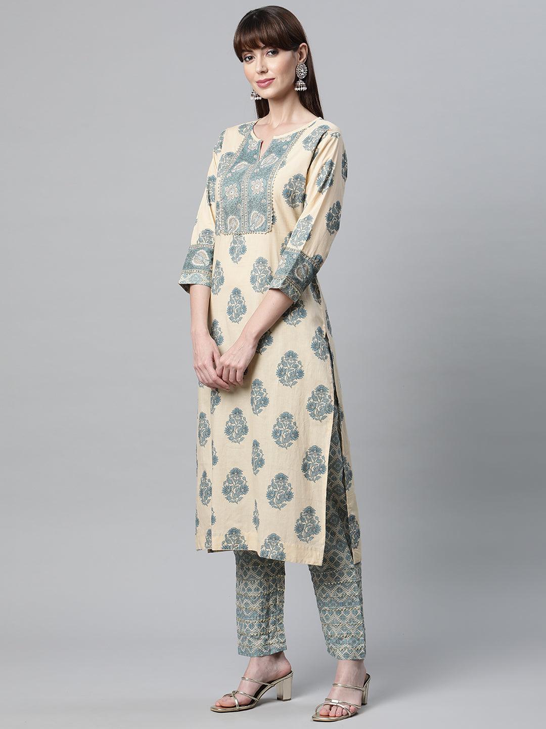 Divena Beige Cotton Straight Kurta Pant Set - divena world