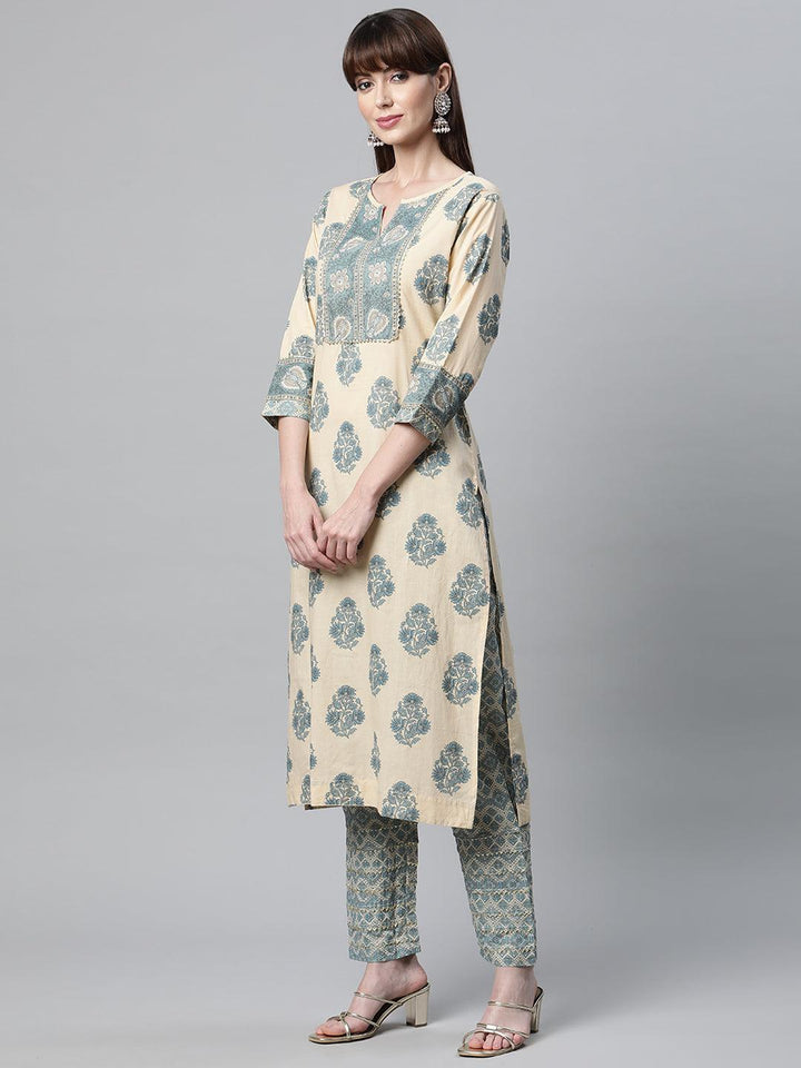 Divena Beige Cotton Straight Kurta Pant Set - divena world