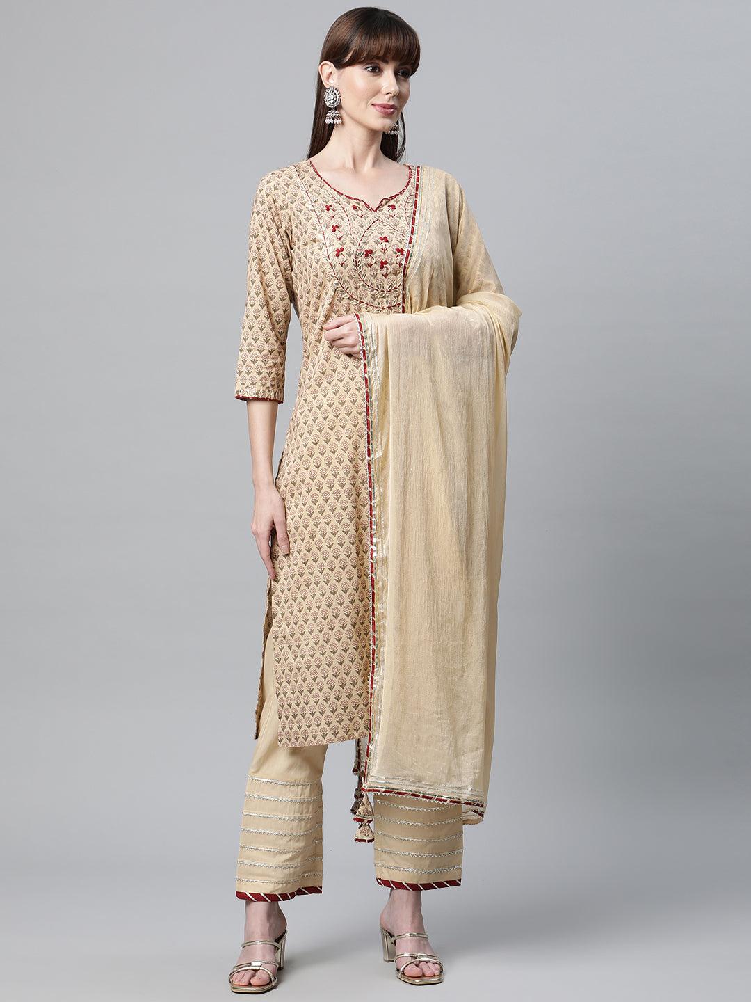 Beige Color Cotton Straight Kurta Pant Set with Dupatta — view 1