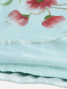 Divena Sky Blue Hand Painted Floral Organza Anarkali Kurta Pant Set with Dupatta - divena world