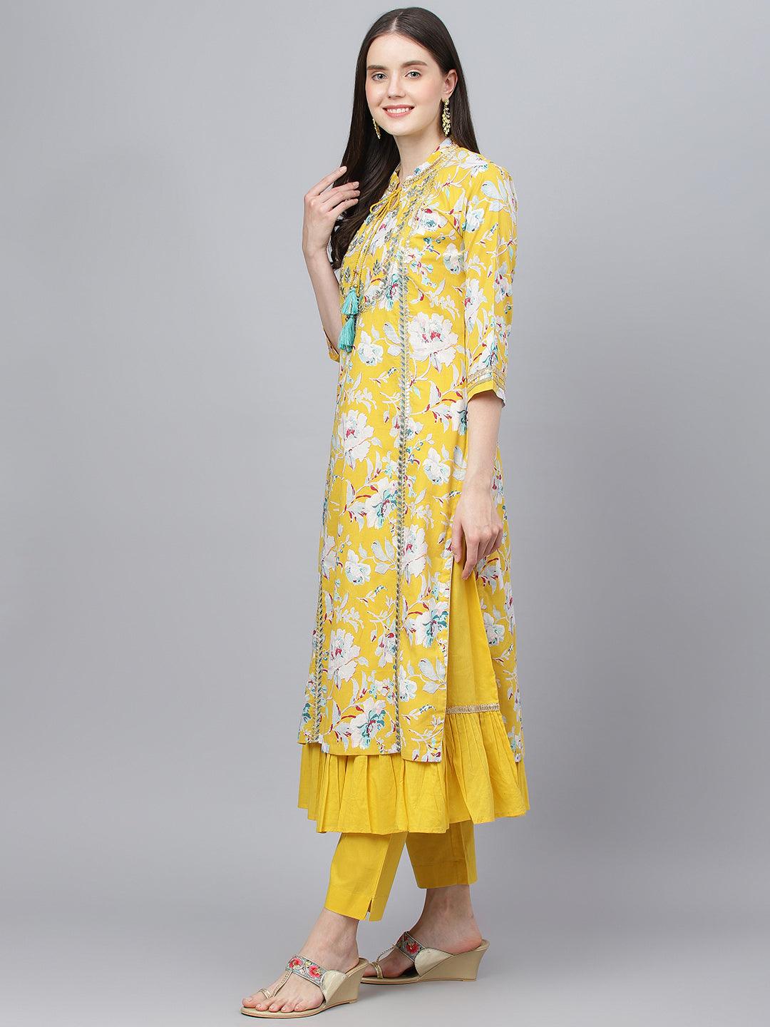 Divena Yellow Cotton Kurta Pant Set with Nazneen Dupatta - divena world
