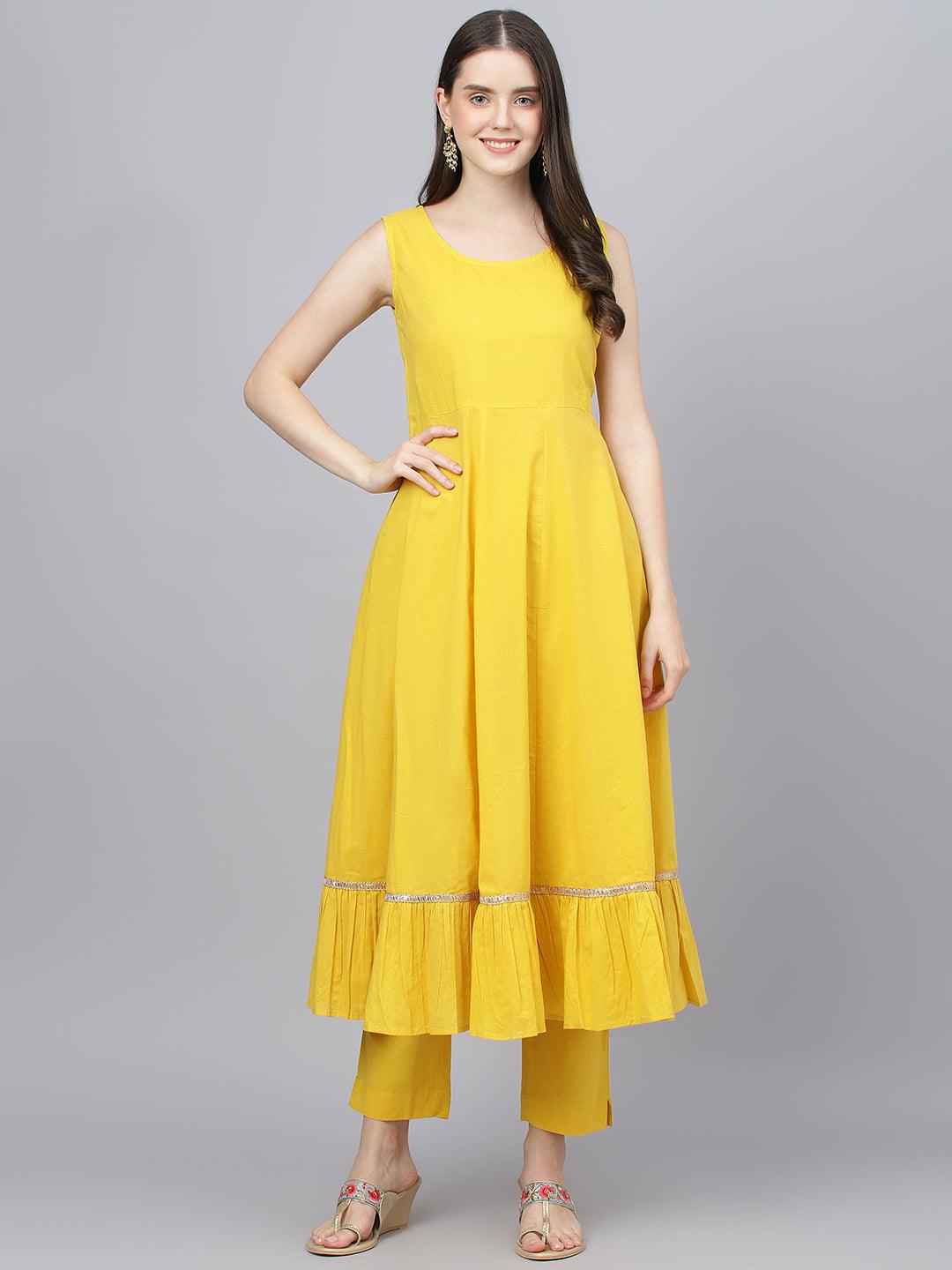 Divena Yellow Cotton Kurta Pant Set with Nazneen Dupatta - divena world