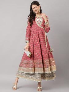 Divena Dark Pink Floral Cotton Anarkali Kurta with Jecket - divena world