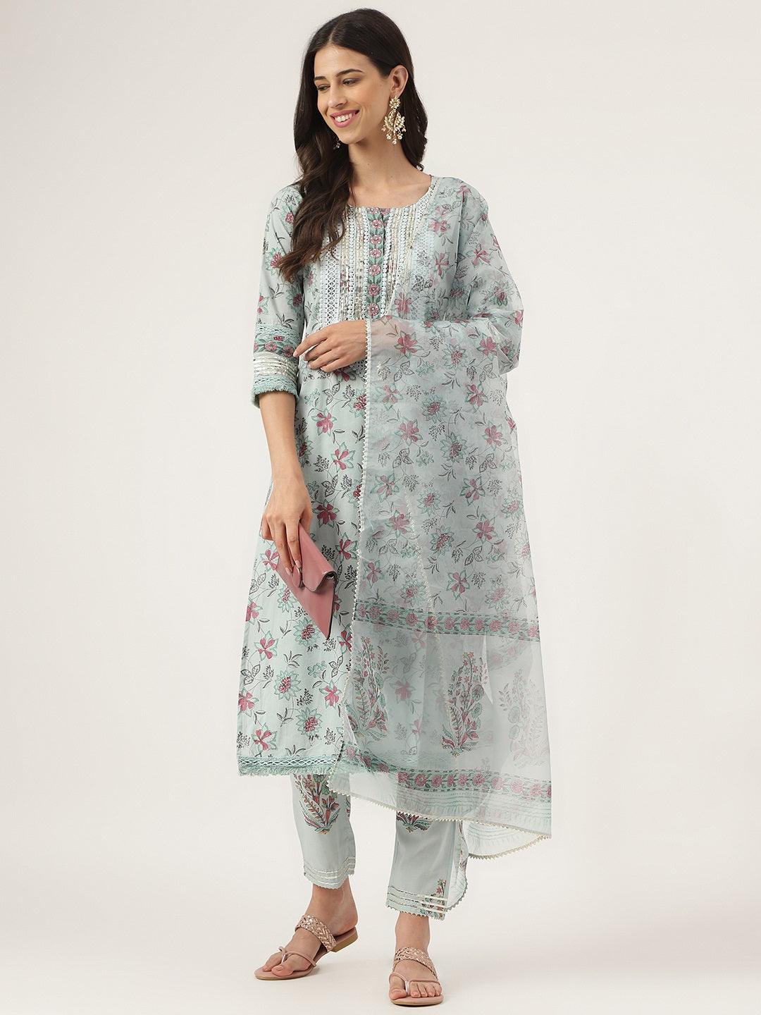 Skyblue Hand Block Cotton Straight pant set with Organza Dupatta — view 1
