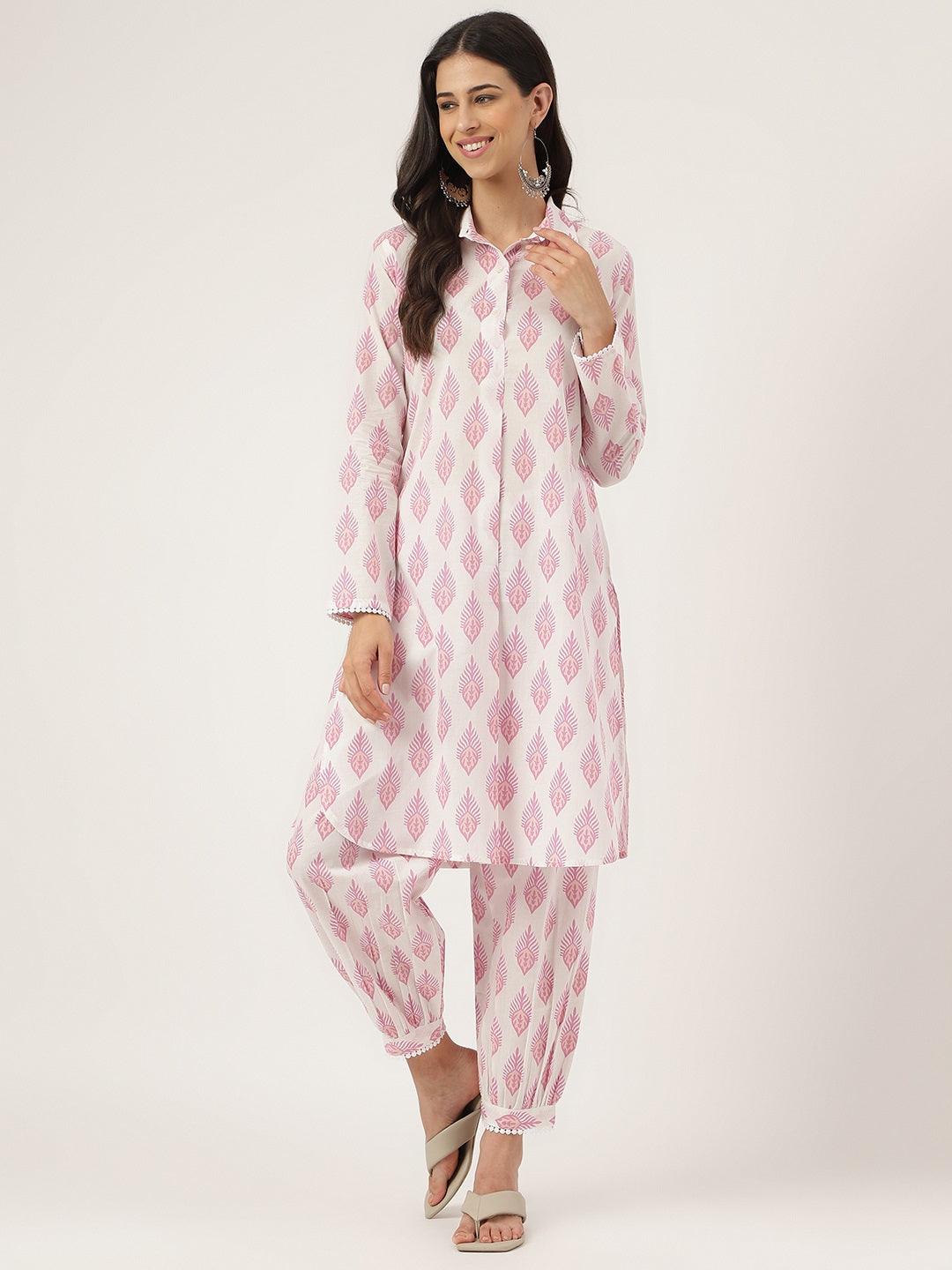 White Cotton Straight Kurta Hem Cuffed Pant Co-ords set — view 1