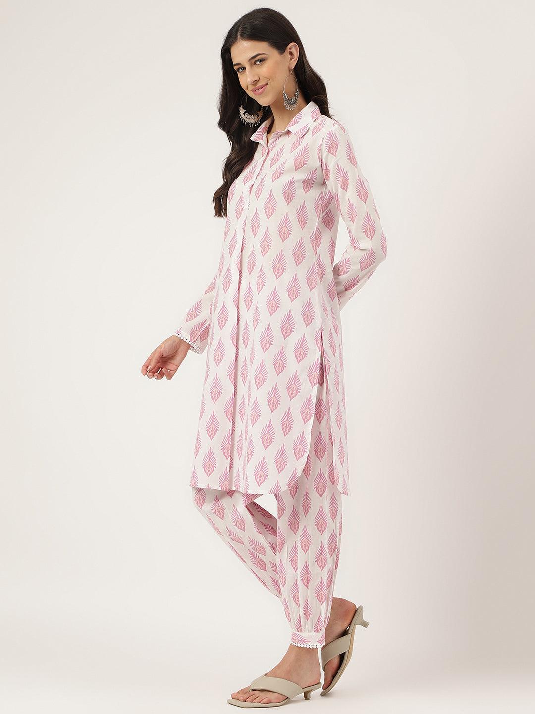 Divena White Cotton Straight Kurta Hem Cuffed Pant set - divena world