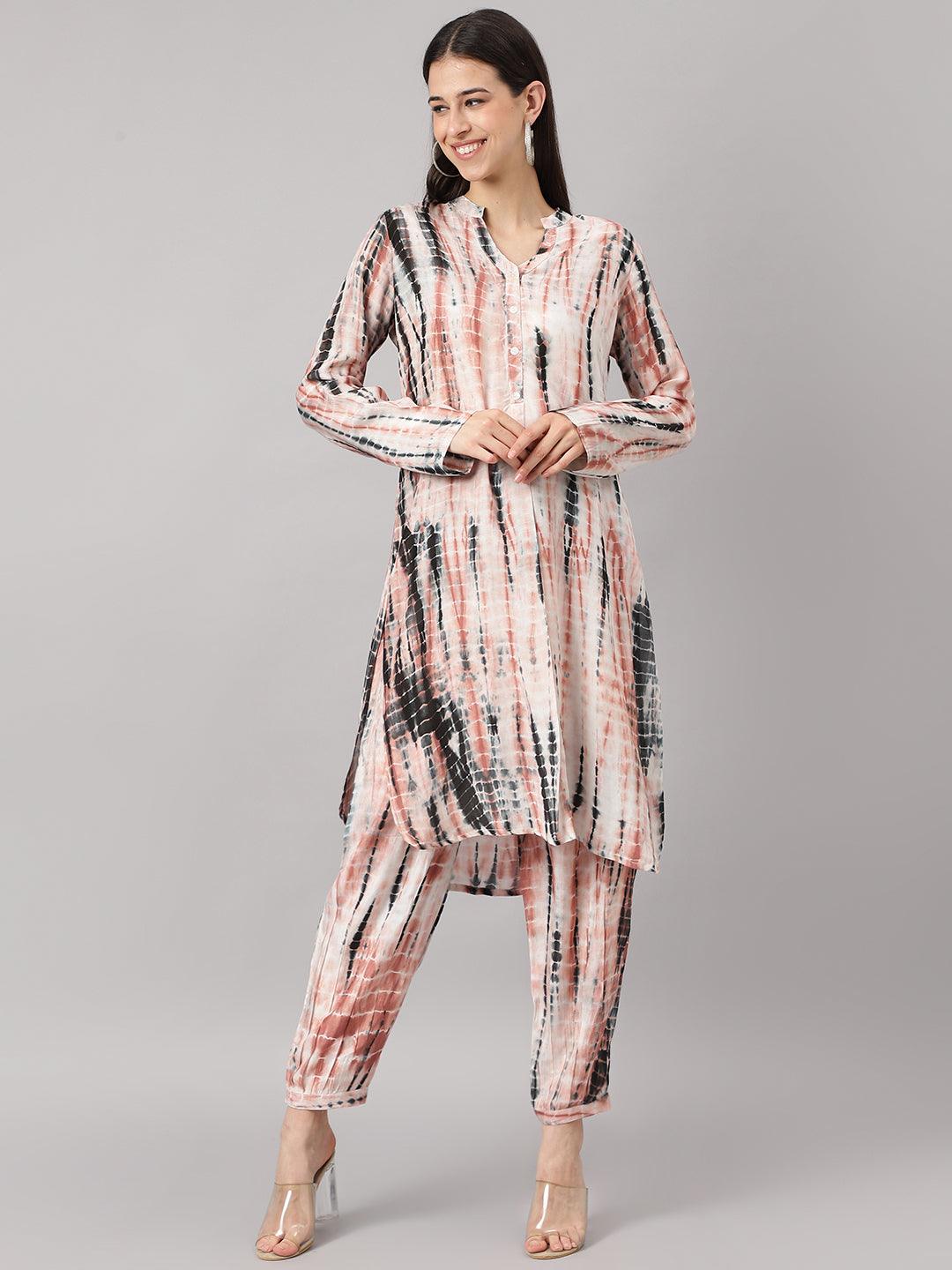 Cream Muslin Tie and Dye Kurta with Ham Cuffed Pant Set — view 1