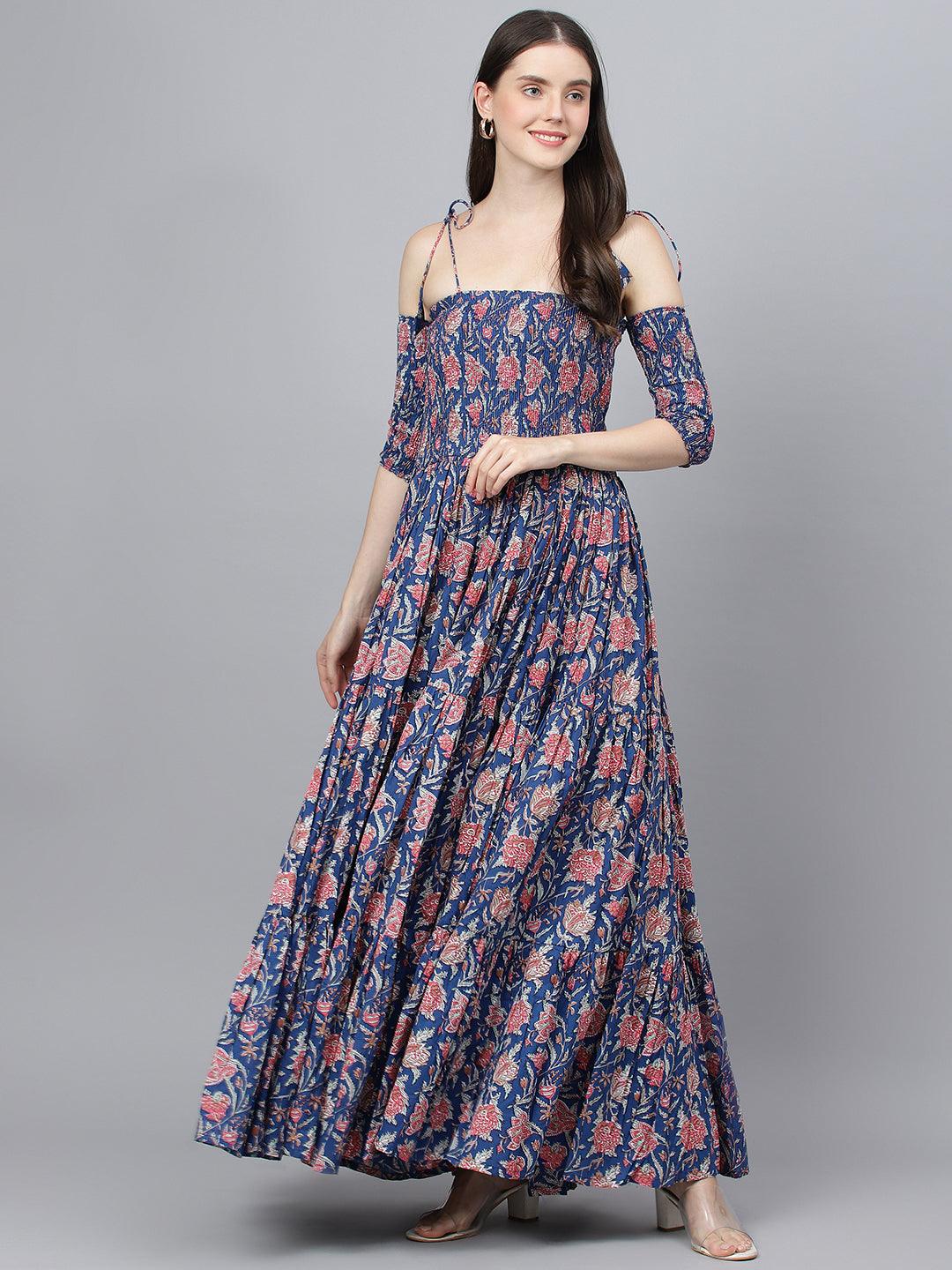 Divena Blue Floral Printed Shoulder Strips Flared Long Dress - divena world